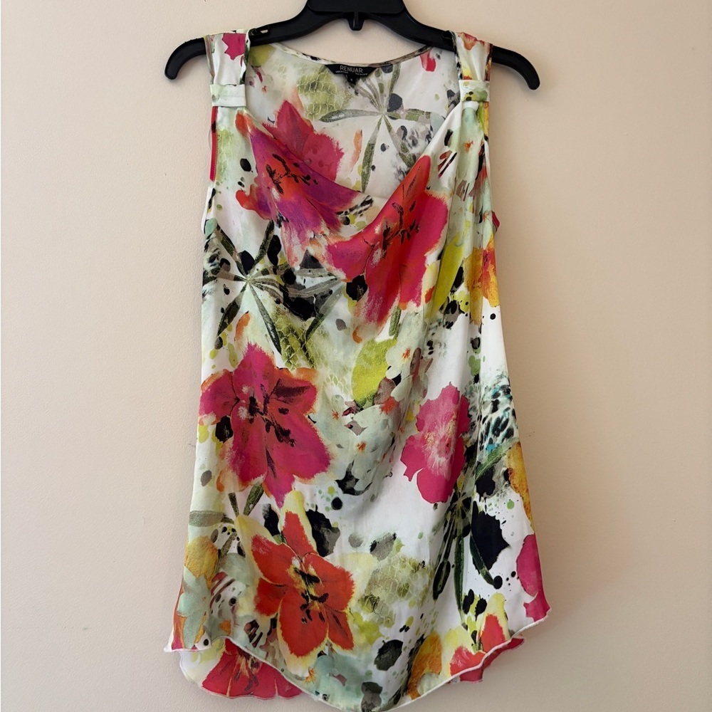 Renuar 4 Watercolor Floral Cowl Neck Sleeveless Blouse Multicolor